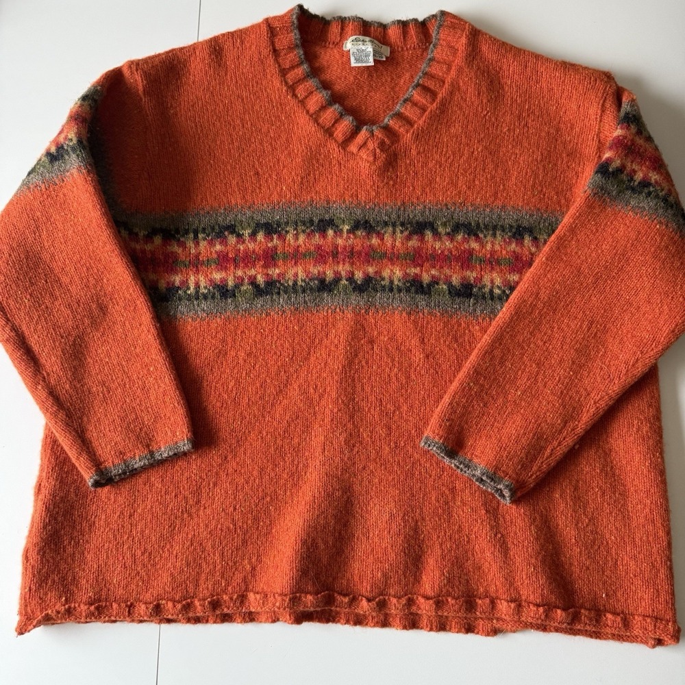Vintage Eddie Bauer Sweater Womens XL Orange‎ Wool Blend USA Nordic Striped 90's